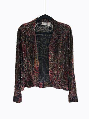 Velvet Burnout Silk Jacket L Sheer Floral Sequin Blazer Whimsigoth Y2K 90s Goth